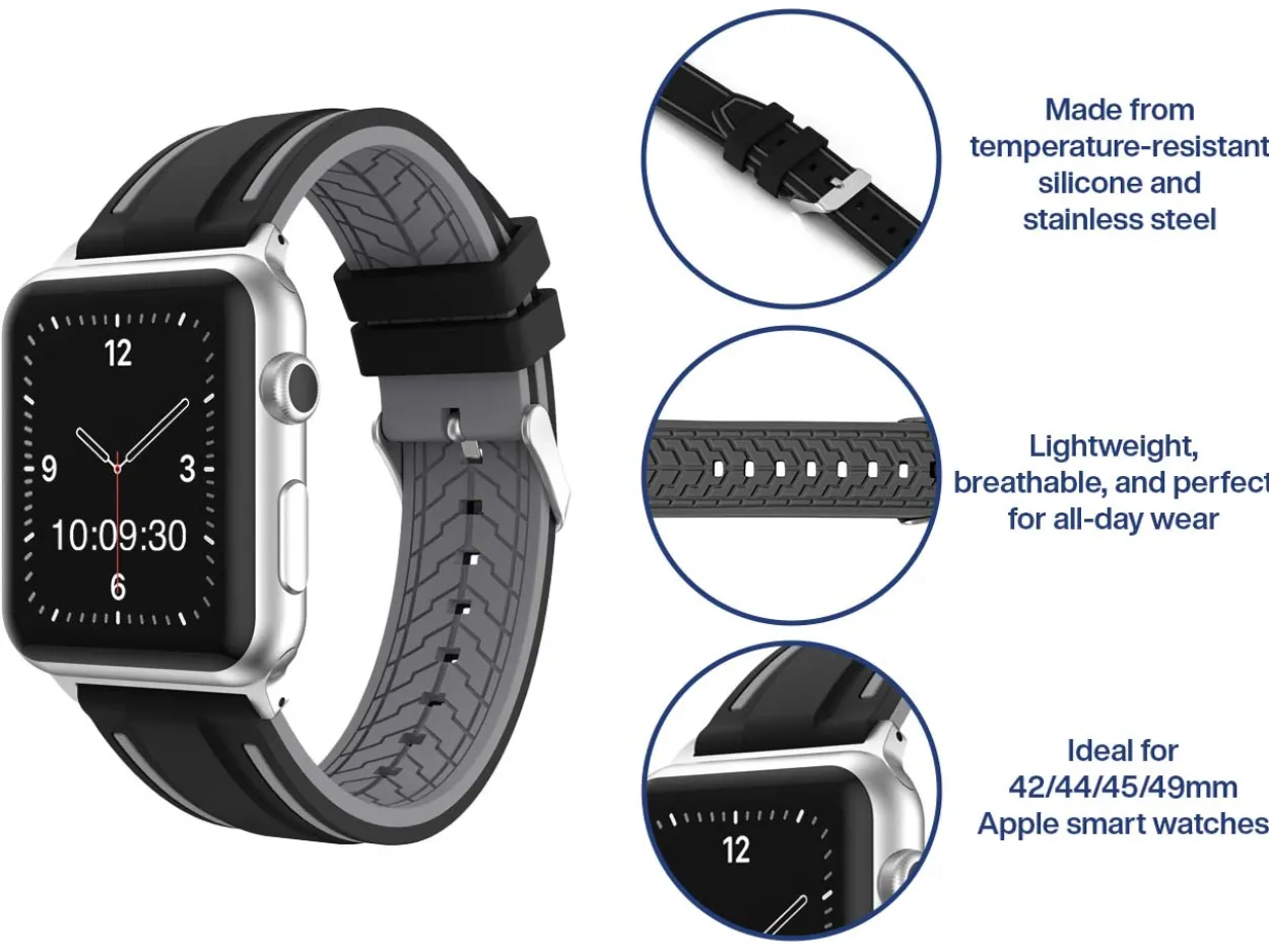 Black And Grey Dual Tone Silicone Strap For Apple Watch, Compatible With 42/44/45/49mm Models