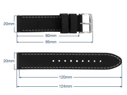 Black And Grey Stitched Silicone Watch Strap, Quick Release Pins, 20mm