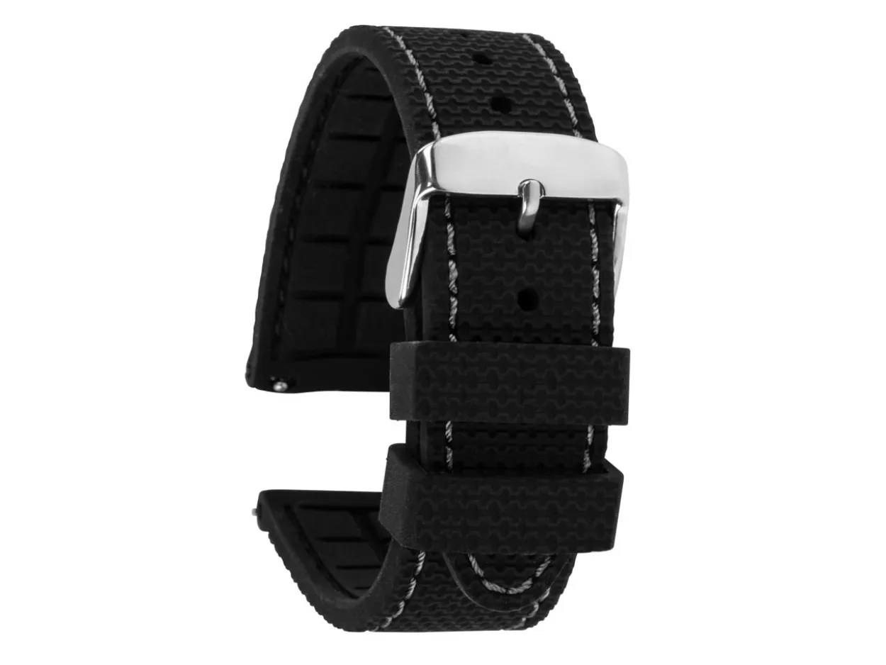 Black And Grey Stitched Silicone Watch Strap, Quick Release Pins, 24mm