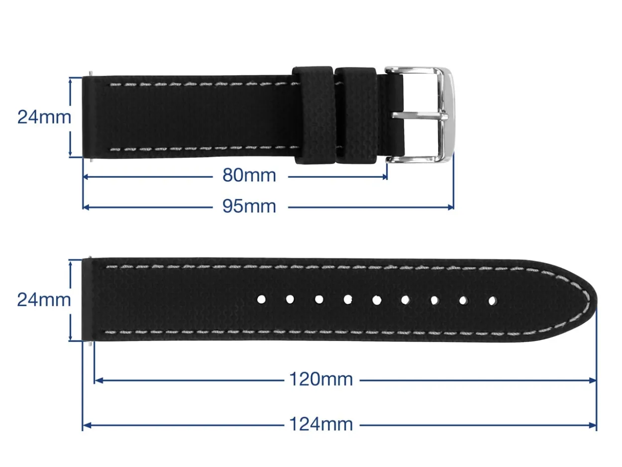 Black And Grey Stitched Silicone Watch Strap, Quick Release Pins, 24mm