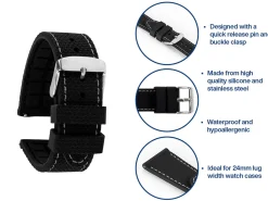 Black And Grey Stitched Silicone Watch Strap, Quick Release Pins, 24mm