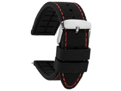 Black And Red Stitched Silicone Watch Strap, Quick Release Pins, 24mm