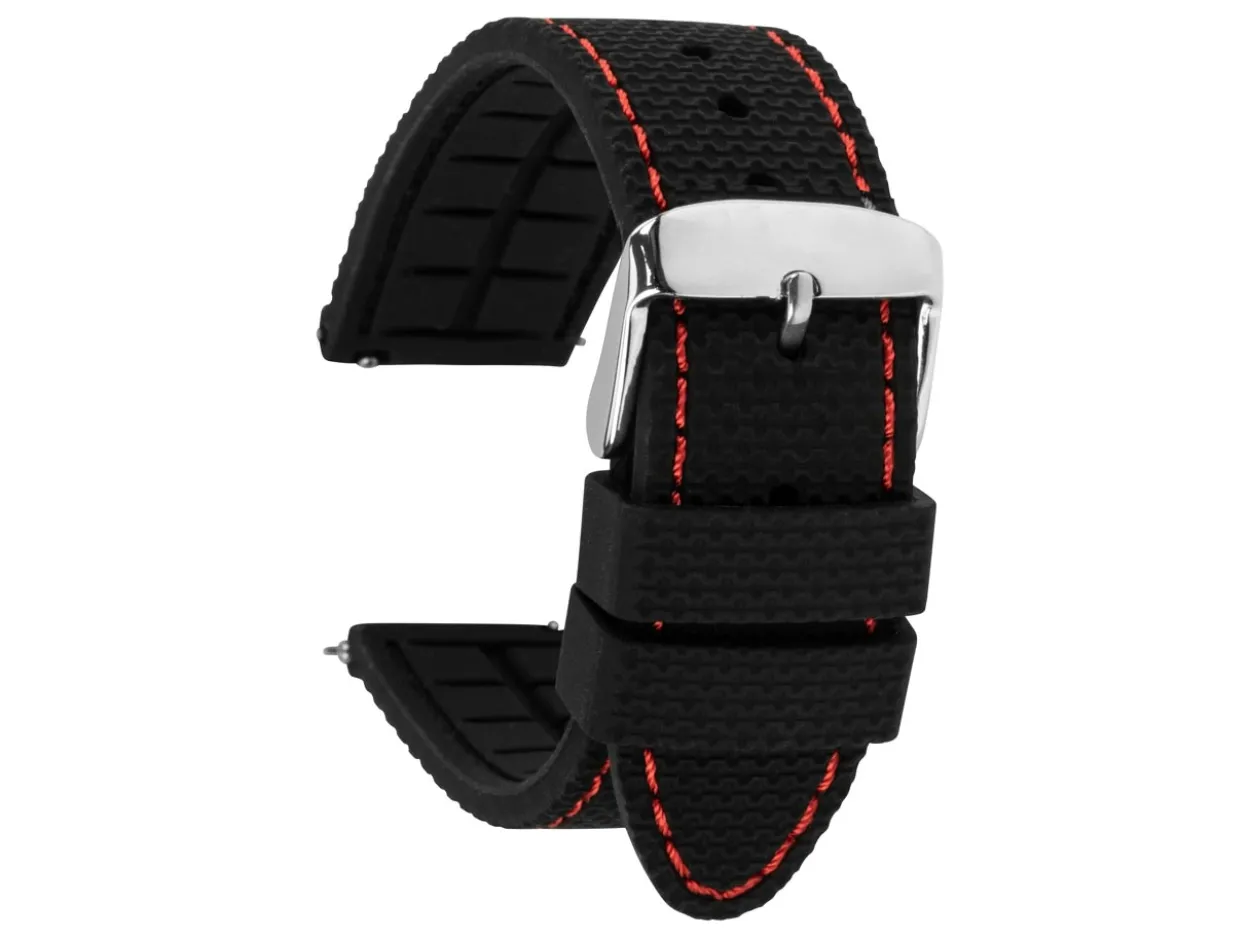 Black And Red Stitched Silicone Watch Strap, Quick Release Pins, 24mm