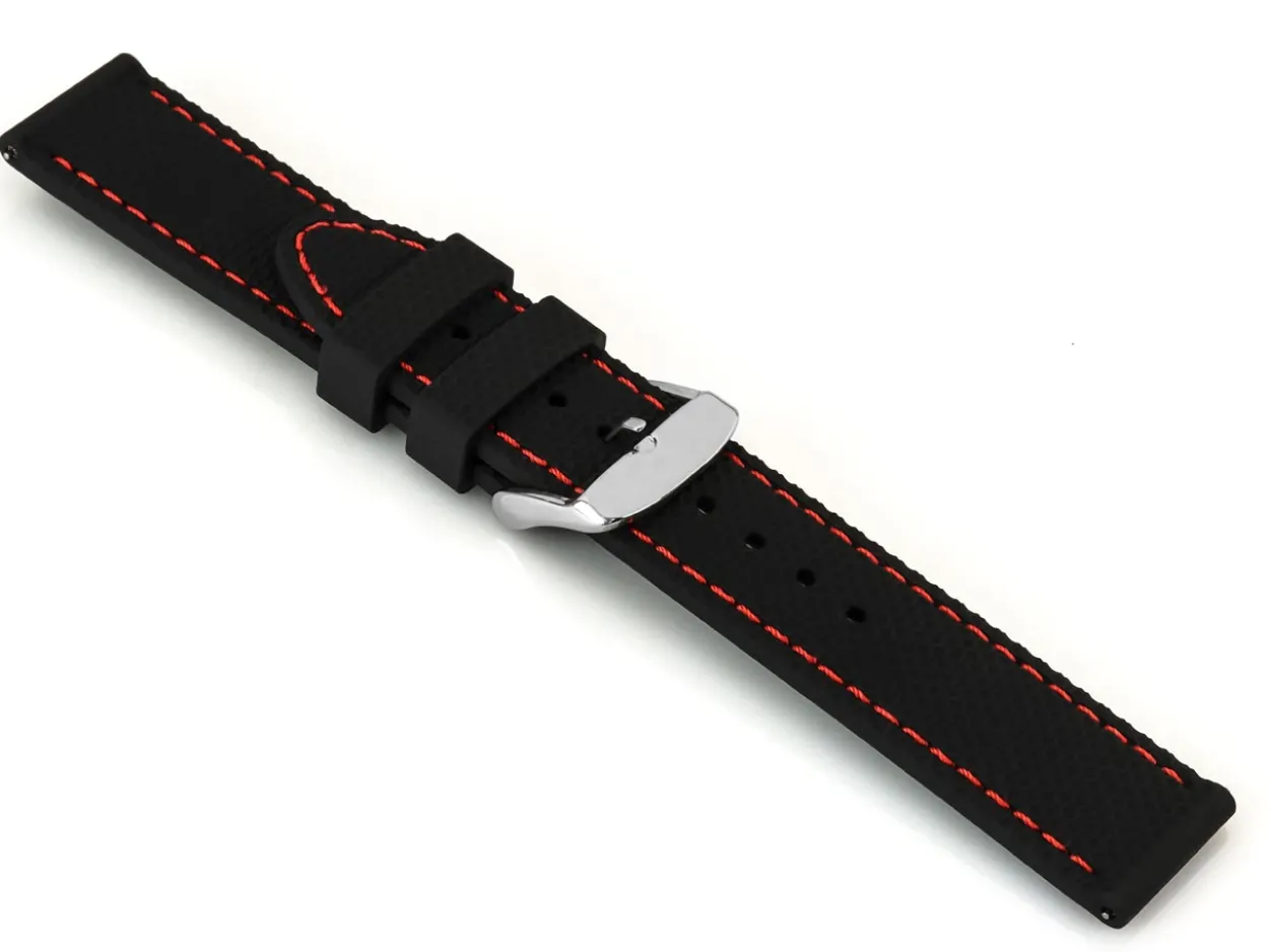 Black And Red Stitched Silicone Watch Strap, Quick Release Pins, 24mm