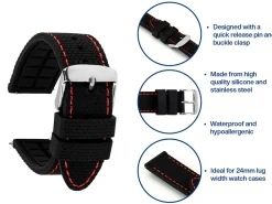 Black And Red Stitched Silicone Watch Strap, Quick Release Pins, 24mm