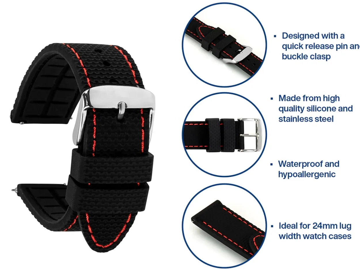 Black And Red Stitched Silicone Watch Strap, Quick Release Pins, 24mm