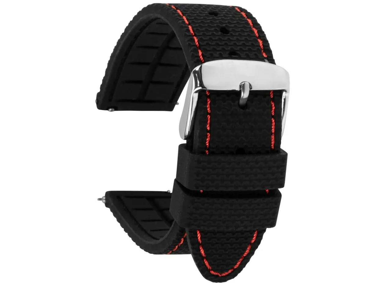 Black And Red Stitched Silicone Watch Strap, Quick Release Pins, 20mm