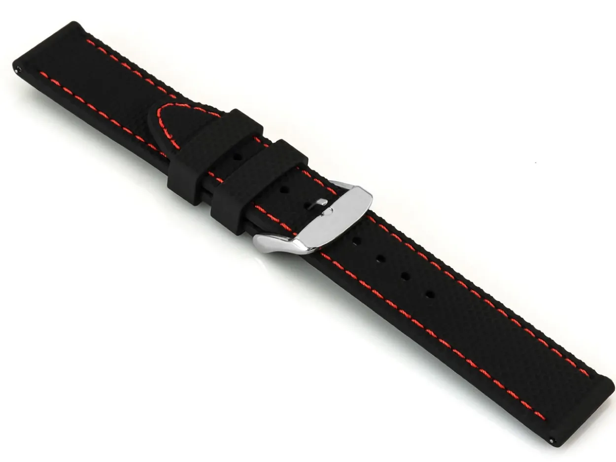 Black And Red Stitched Silicone Watch Strap, Quick Release Pins, 20mm