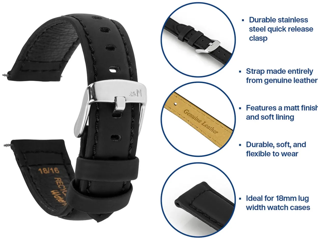 Black Capri Genuine Leather Watch Strap, 18mm