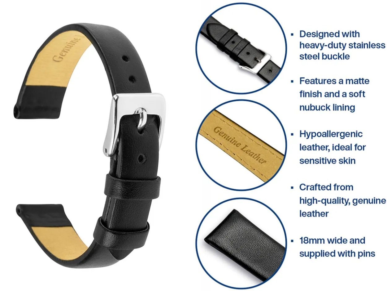 Black Genuine Calf Leather Watch Strap, 18mm