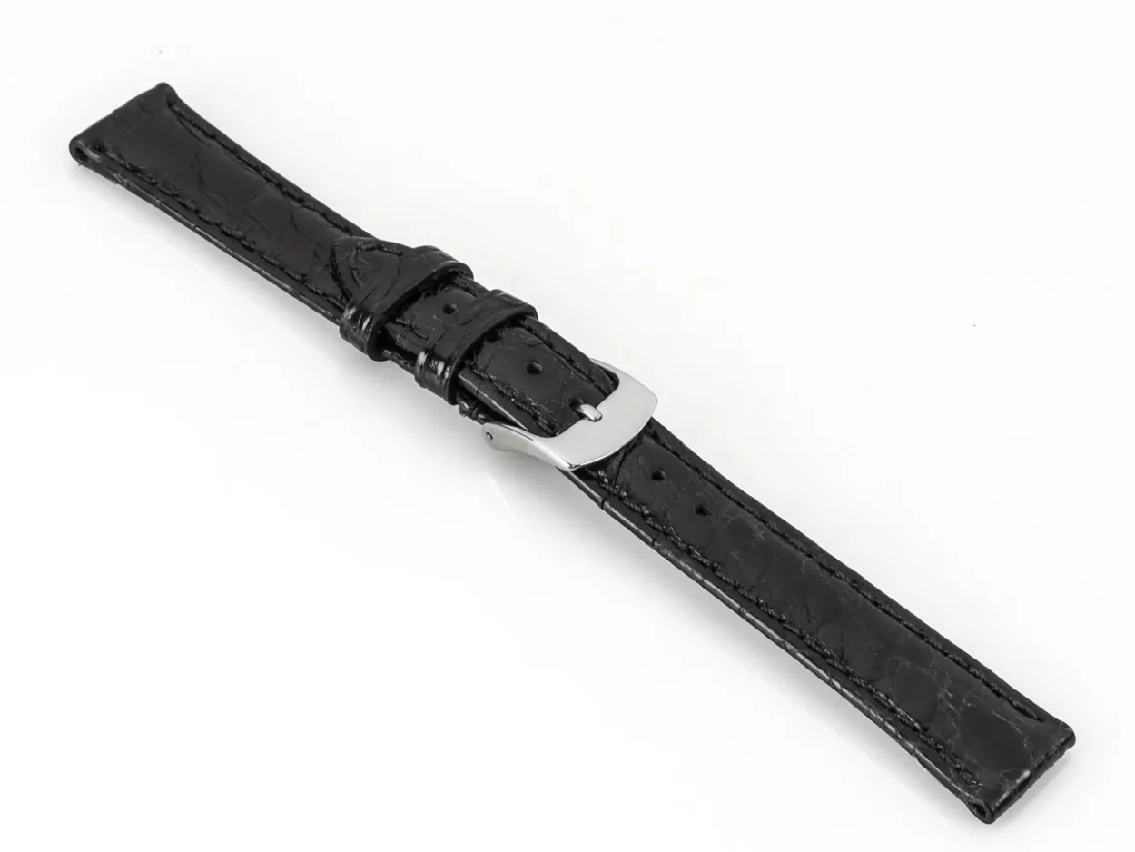 Black Italian Genuine Crocodile Leather Watch Strap, 18mm