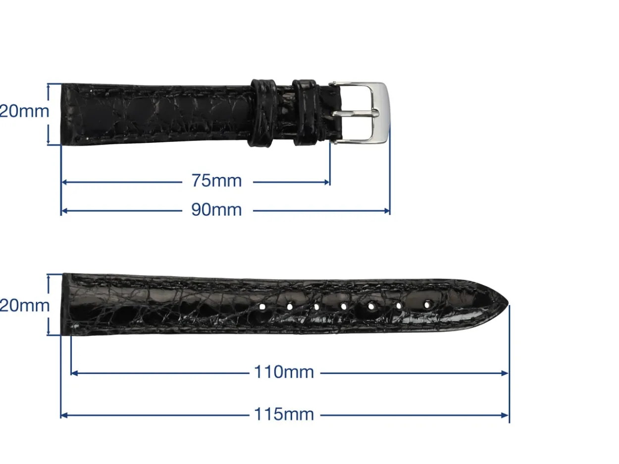 Black Italian Genuine Crocodile Leather Watch Strap, 20mm