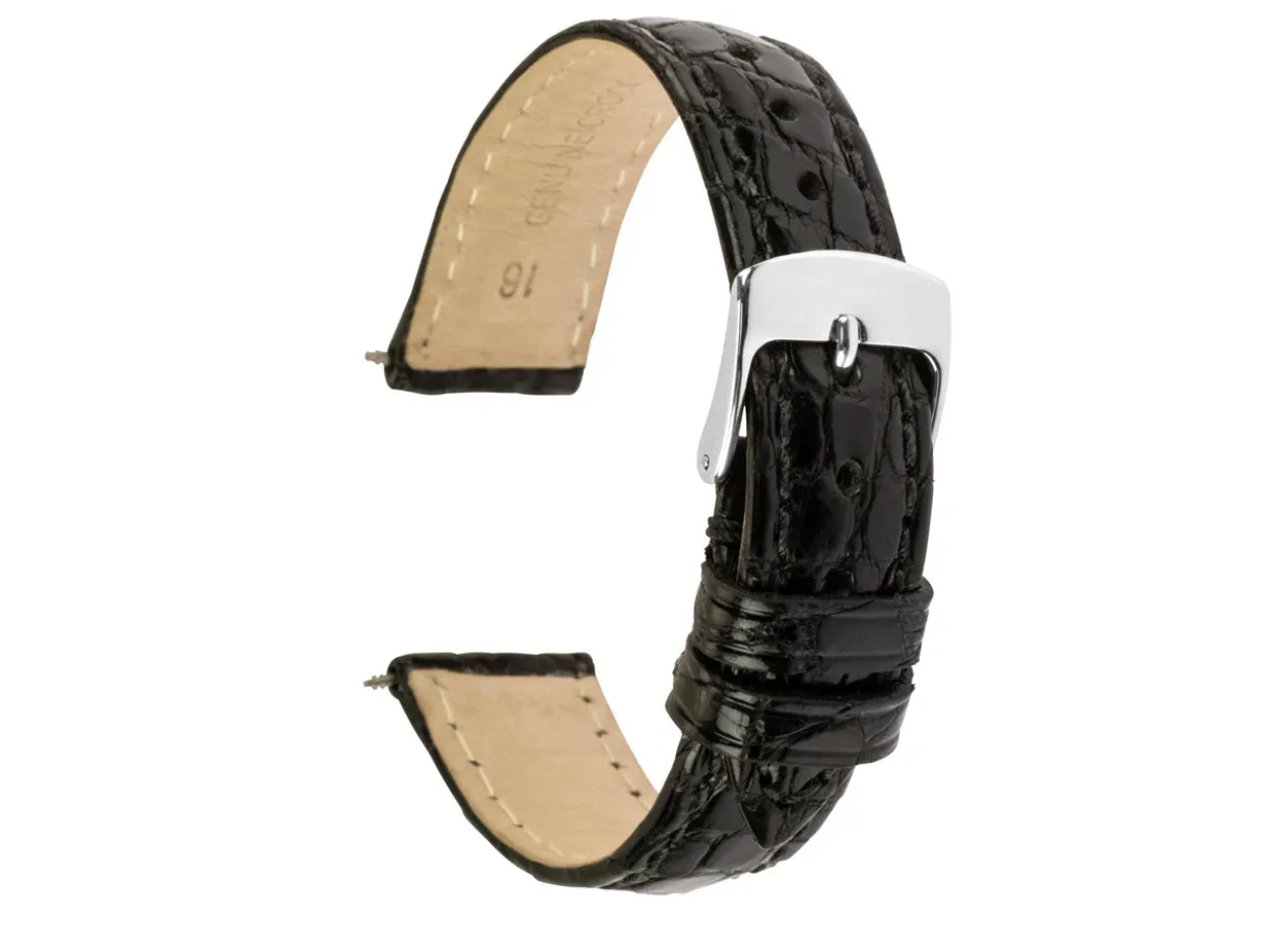 Black Italian Genuine Crocodile Leather Watch Strap, 16mm
