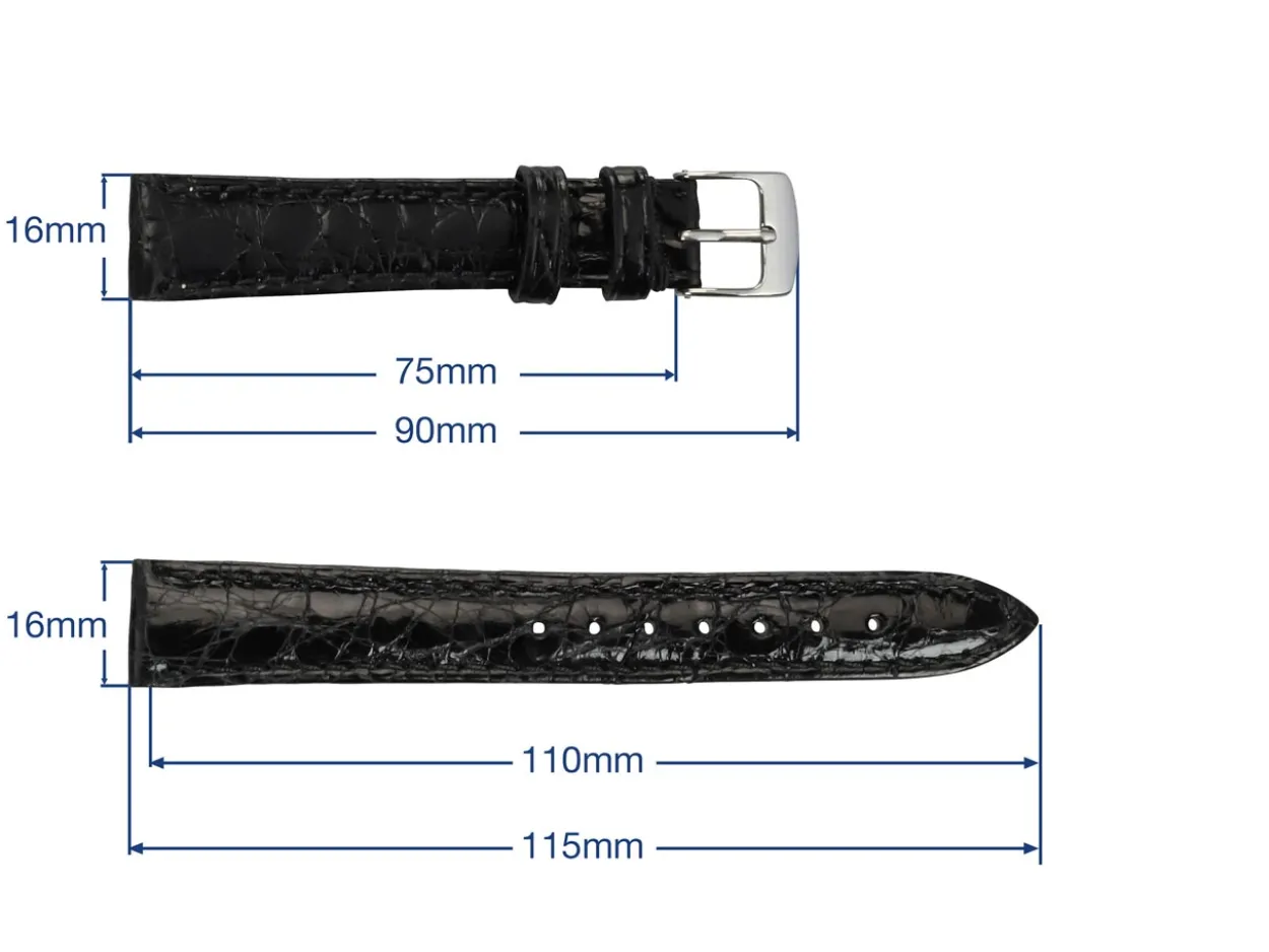 Black Italian Genuine Crocodile Leather Watch Strap, 16mm