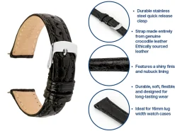 Black Italian Genuine Crocodile Leather Watch Strap, 16mm