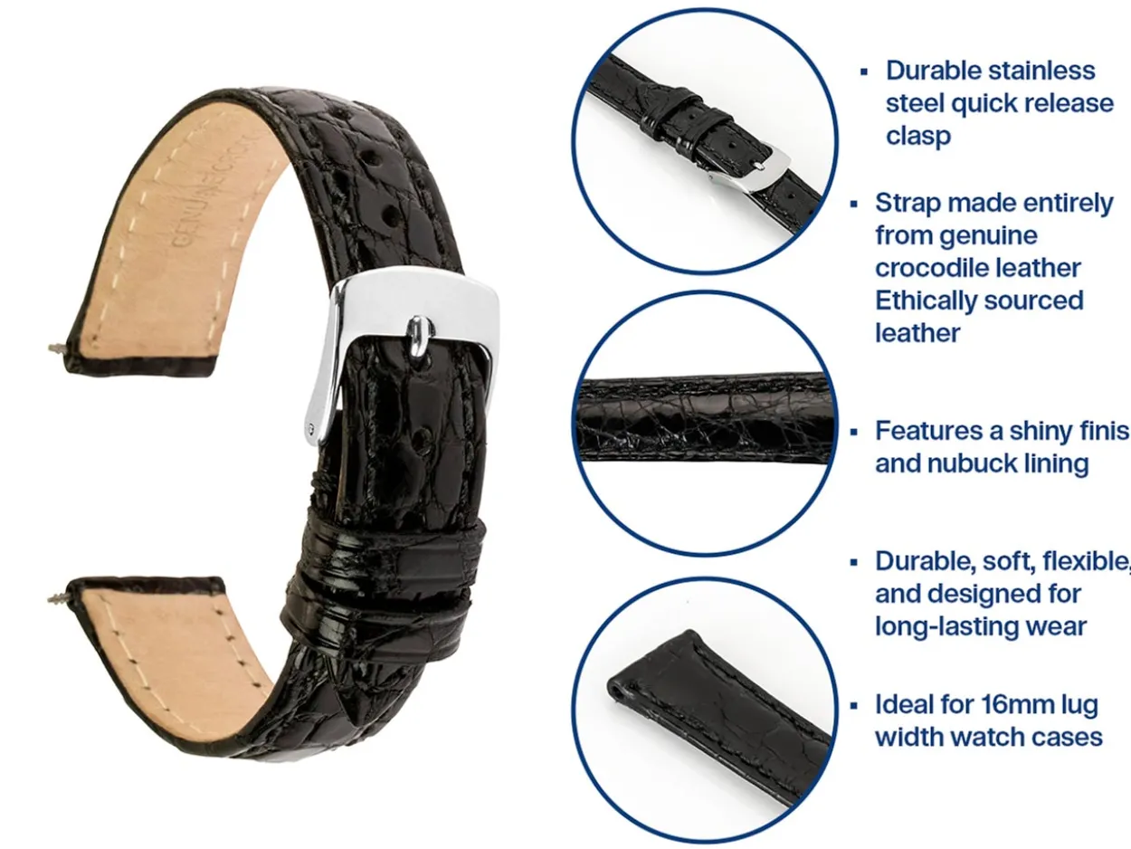 Black Italian Genuine Crocodile Leather Watch Strap, 16mm