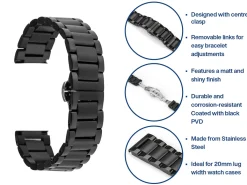 Black Stainless Steel Watch Bracelet, Centre Clasp, 20mm