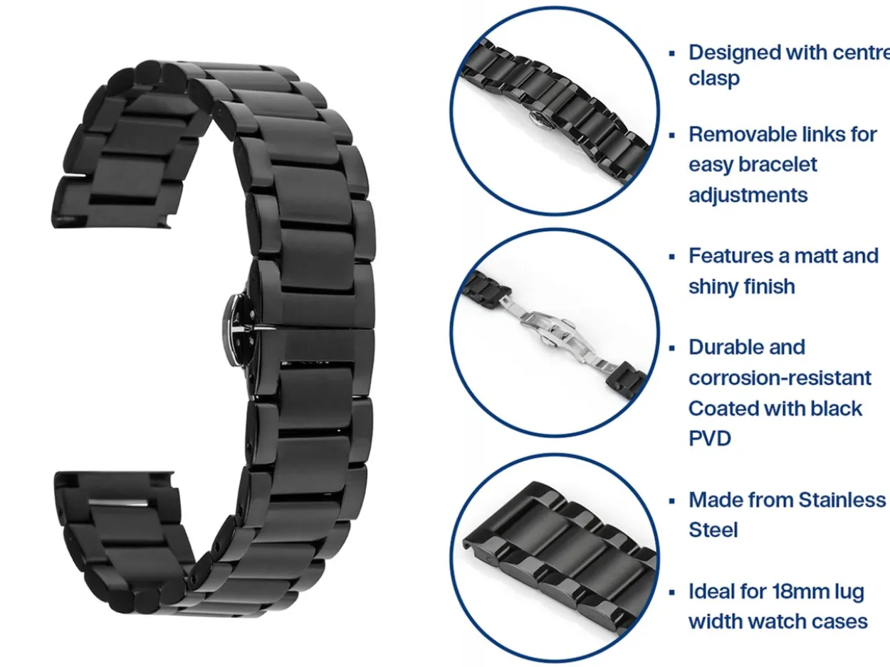 Black Stainless Steel Watch Bracelet, Centre Clasp, 18mm