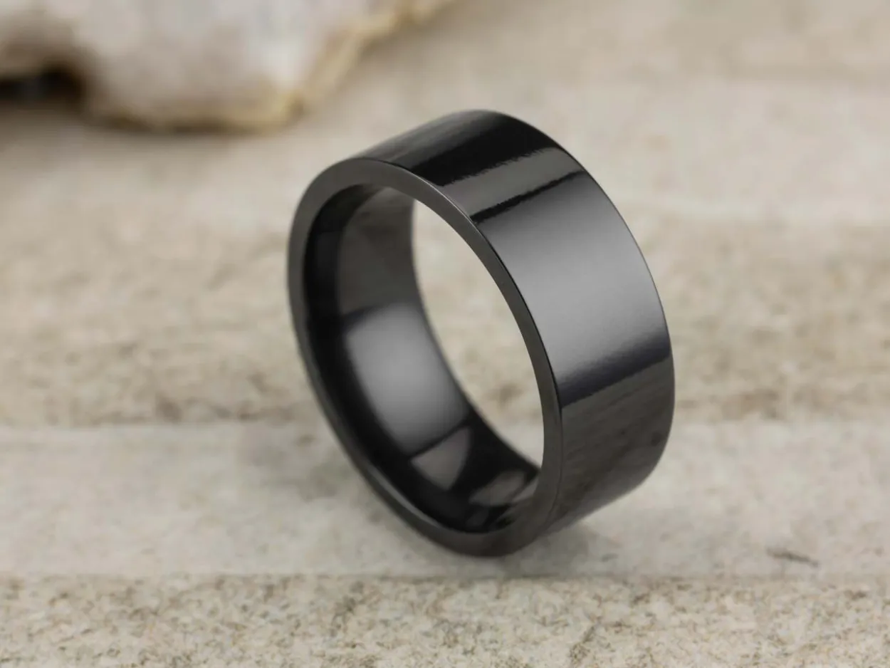 Black Zirconium Flat Court Easy Fit Polished Wedding Ring 8.0mm, Size X, 2.0mm Wall