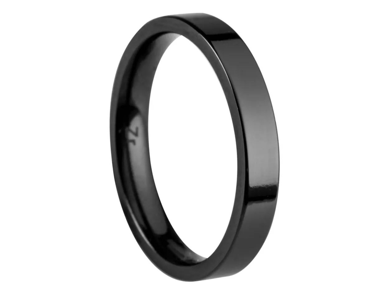 Black Zirconium Flat Court Easy Fit Polished Wedding Ring 3.0mm, Size P, 1.6mm Wall