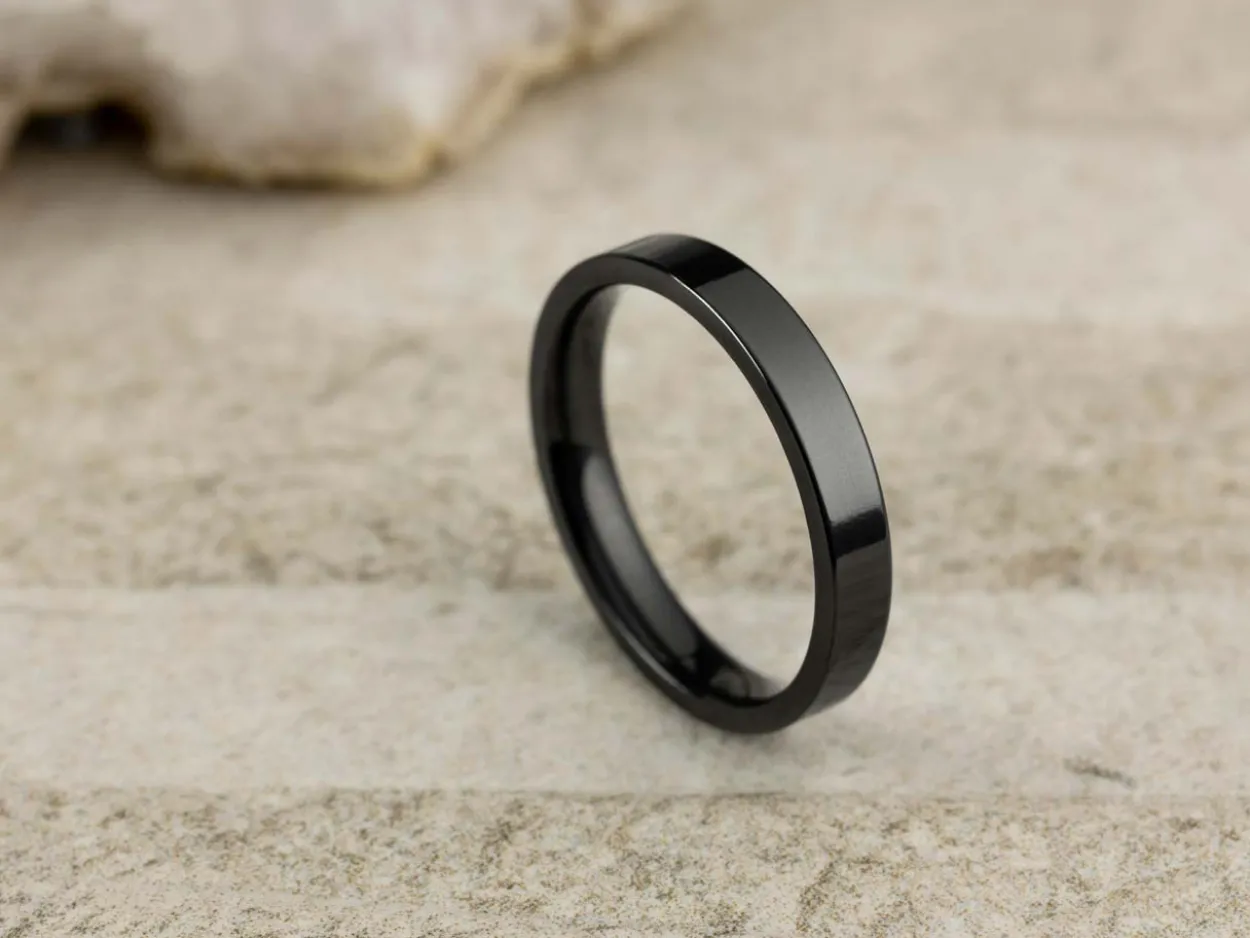 Black Zirconium Flat Court Easy Fit Polished Wedding Ring 3.0mm, Size P, 1.6mm Wall