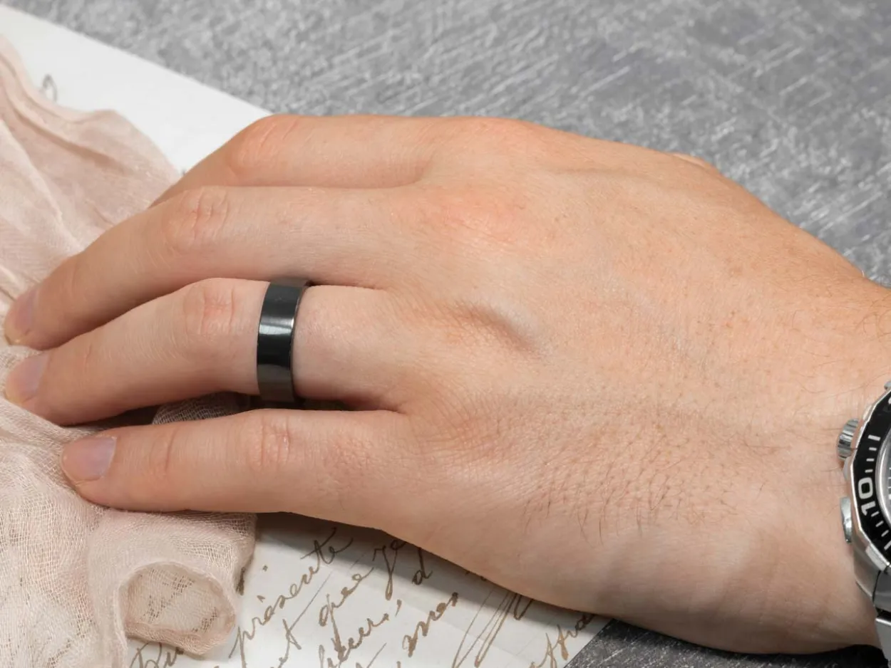 Black Zirconium Flat Court Easy Fit Polished Wedding Ring 6.0mm, Size R, 1.8mm Wall