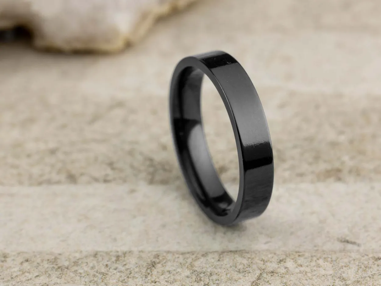 Black Zirconium Flat Court Easy Fit Polished Wedding Ring 4.0mm, Size P, 1.6mm Wall