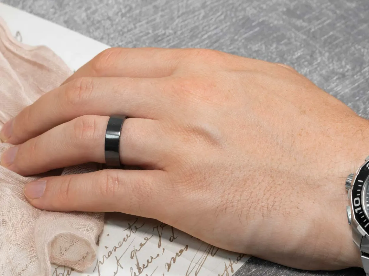 Black Zirconium Flat Court Easy Fit Polished Wedding Ring 4.0mm, Size P, 1.6mm Wall