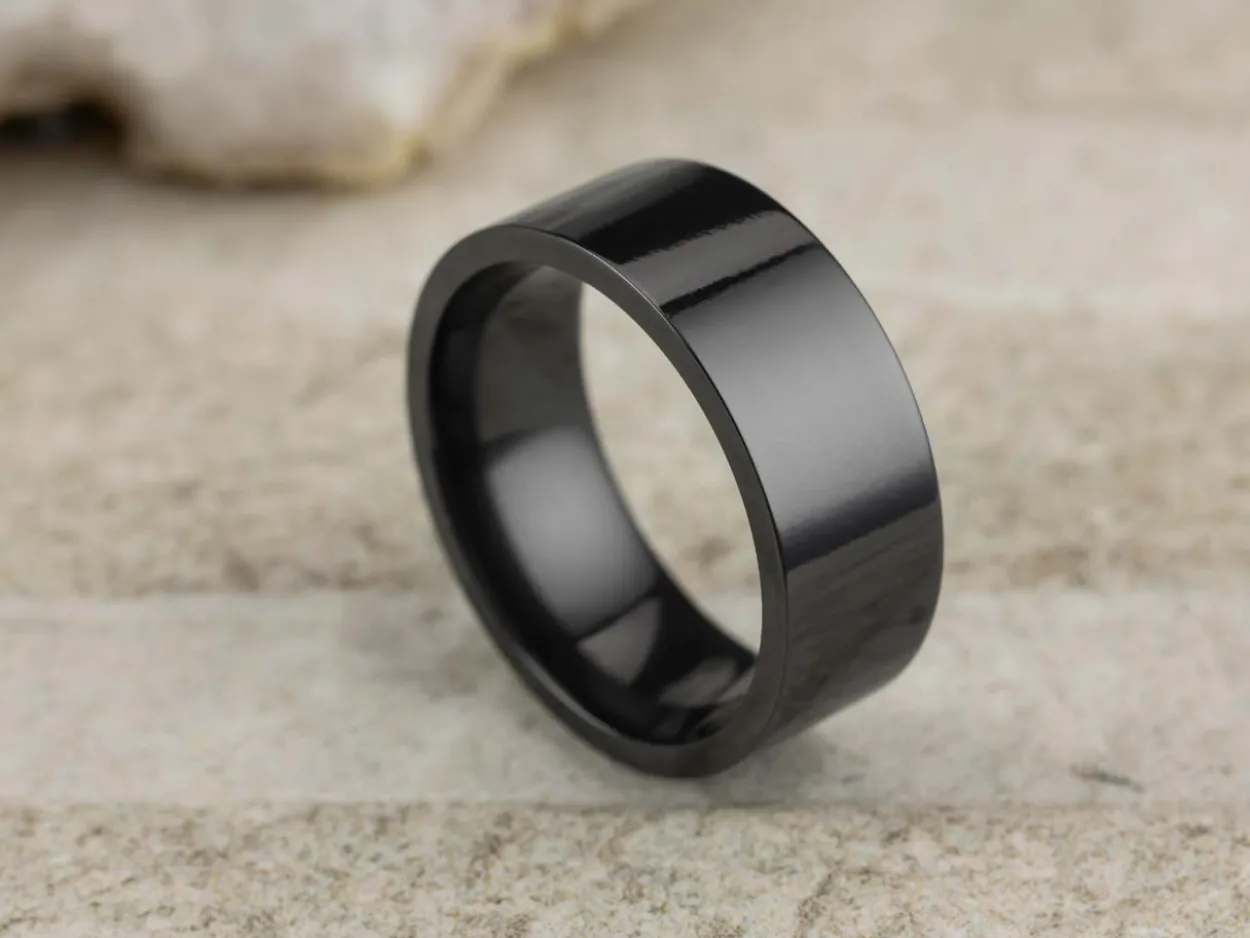 Black Zirconium Flat Court Easy Fit Polished Wedding Ring 8.0mm, Size V, 2.0mm Wall