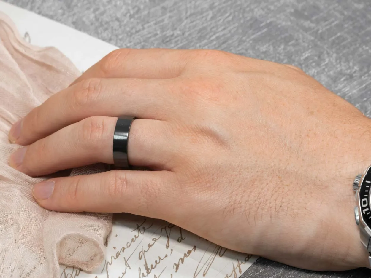 Black Zirconium Flat Court Easy Fit Polished Wedding Ring 8.0mm, Size V, 2.0mm Wall