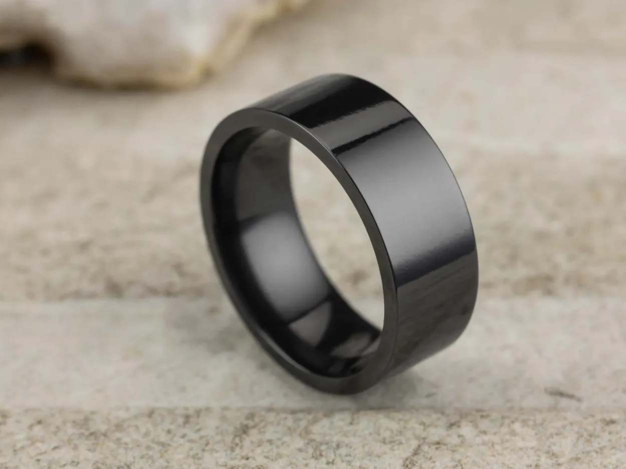 Black Zirconium Flat Court Easy Fit Polished Wedding Ring 8.0mm, Size R, 2.0mm Wall
