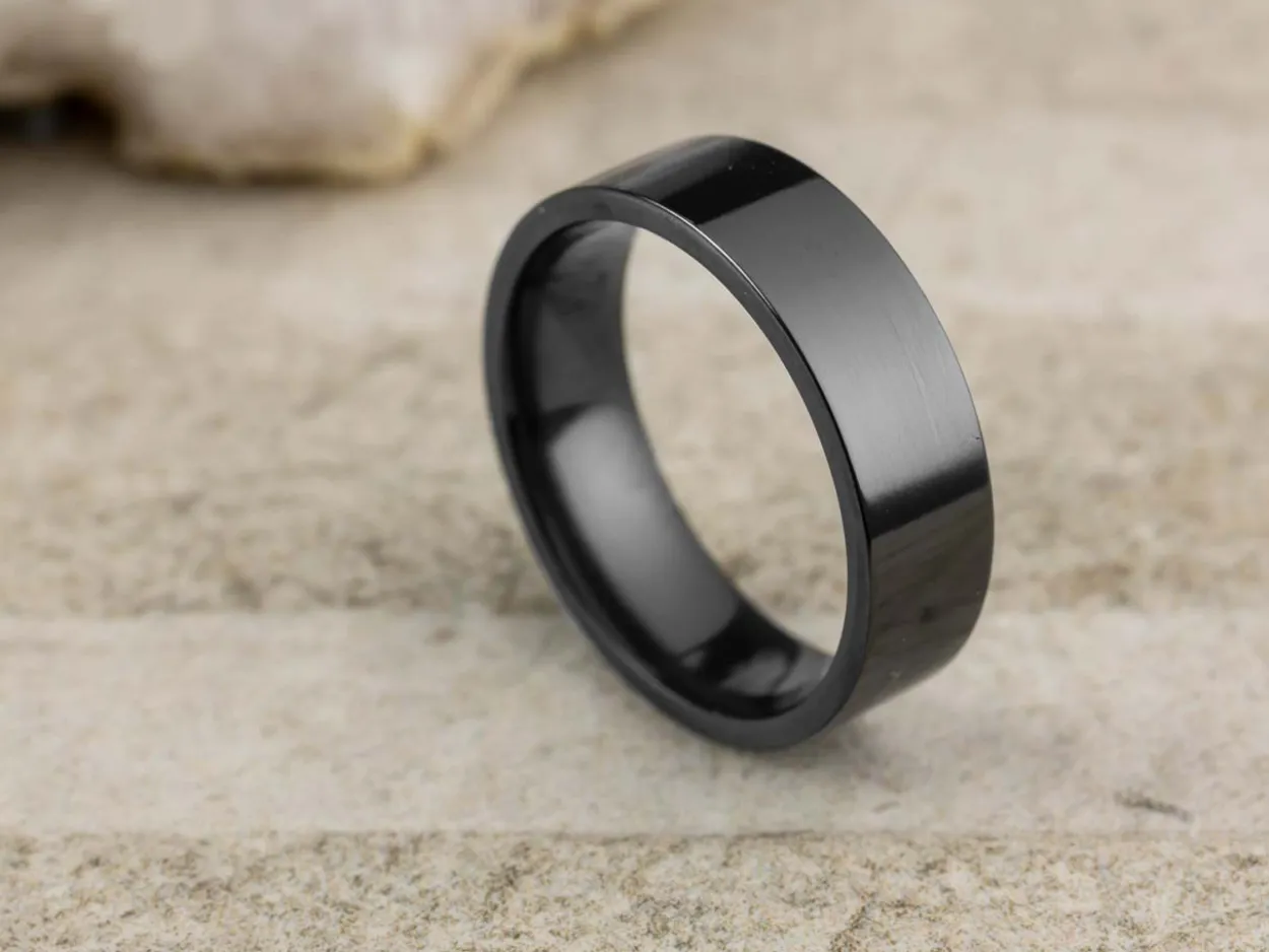 Black Zirconium Flat Court Easy Fit Polished Wedding Ring 6.0mm, Size W, 1.8mm Wall