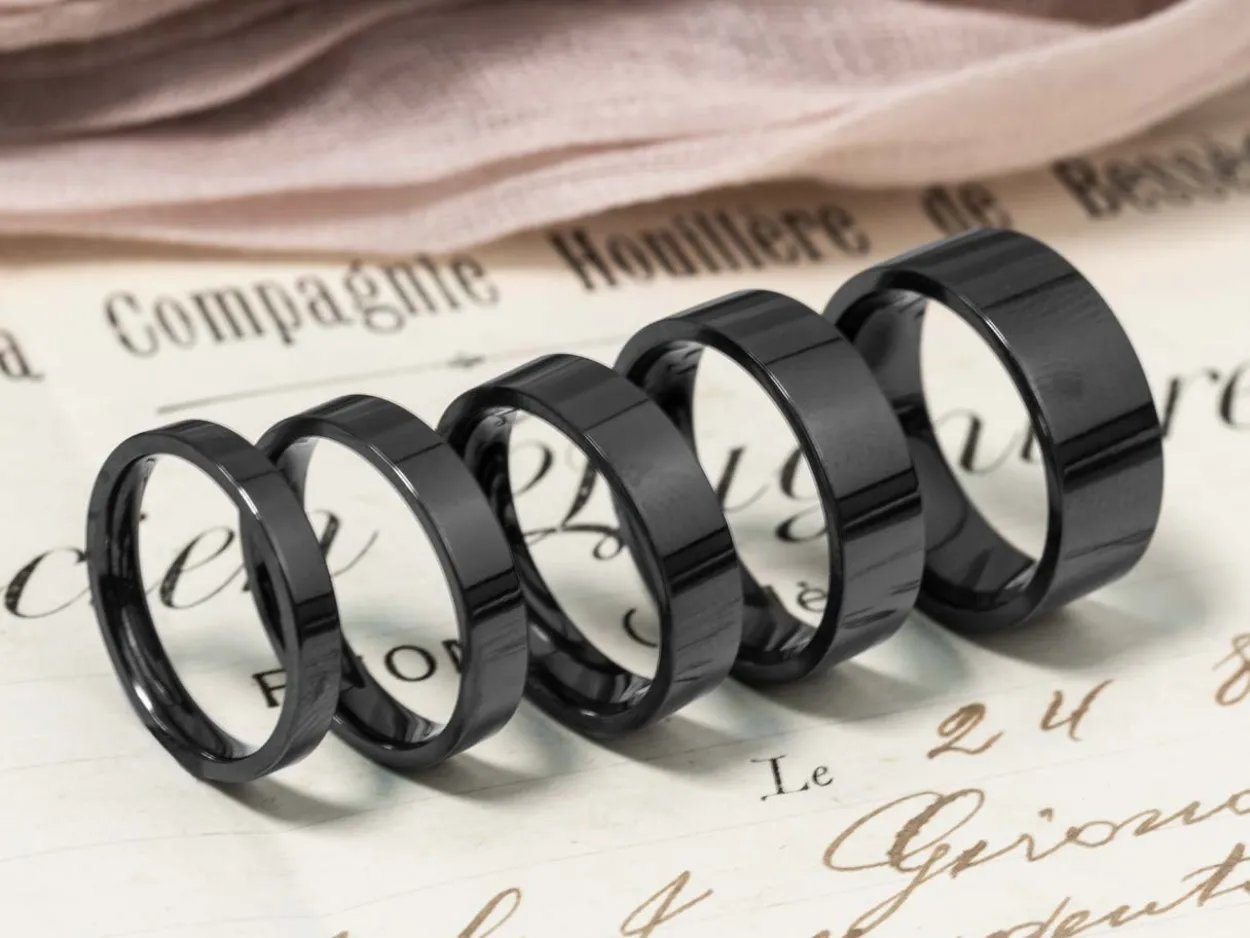 Black Zirconium Flat Court Easy Fit Polished Wedding Ring 6.0mm, Size W, 1.8mm Wall