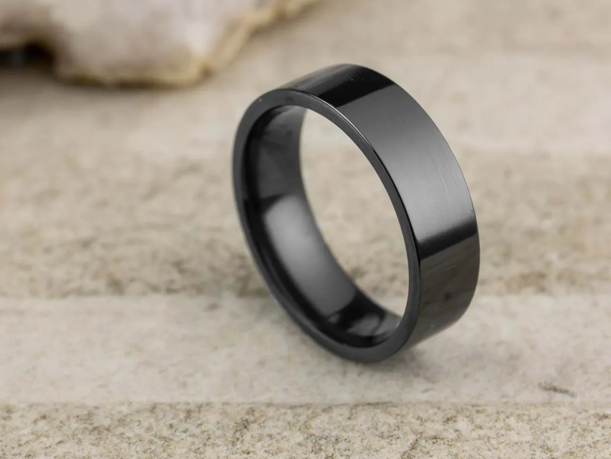 Black Zirconium Flat Court Easy Fit Polished Wedding Ring 6.0mm, Size T, 1.8mm Wall
