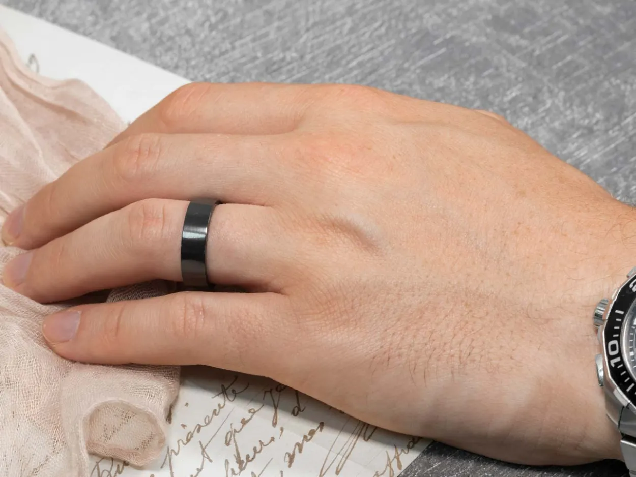 Black Zirconium Flat Court Easy Fit Polished Wedding Ring 6.0mm, Size T, 1.8mm Wall