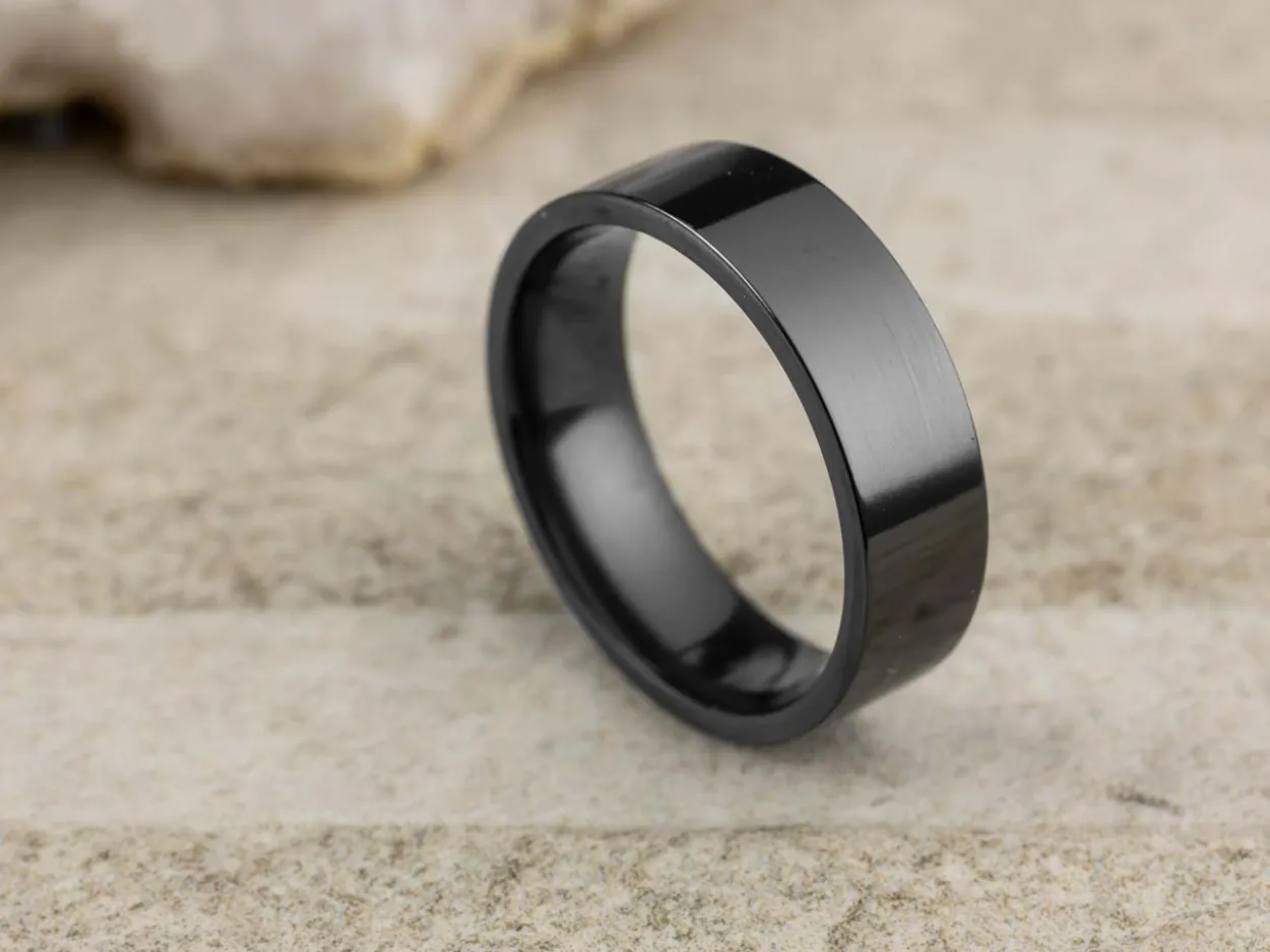 Black Zirconium Flat Court Easy Fit Polished Wedding Ring 6.0mm, Size Q, 1.8mm Wall