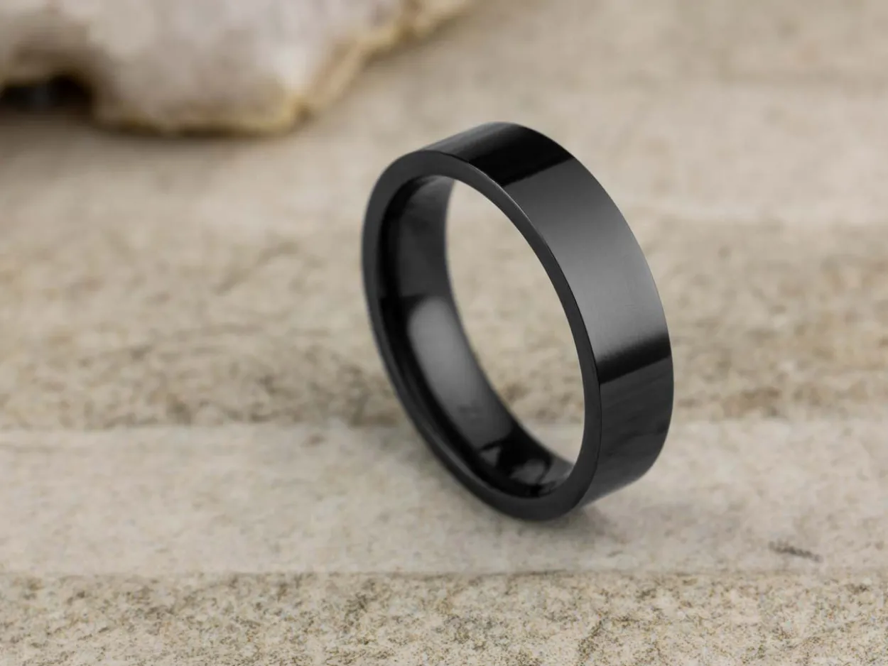 Black Zirconium Flat Court Easy Fit Polished Wedding Ring 5.0mm, Size X, 1.8mm Wall