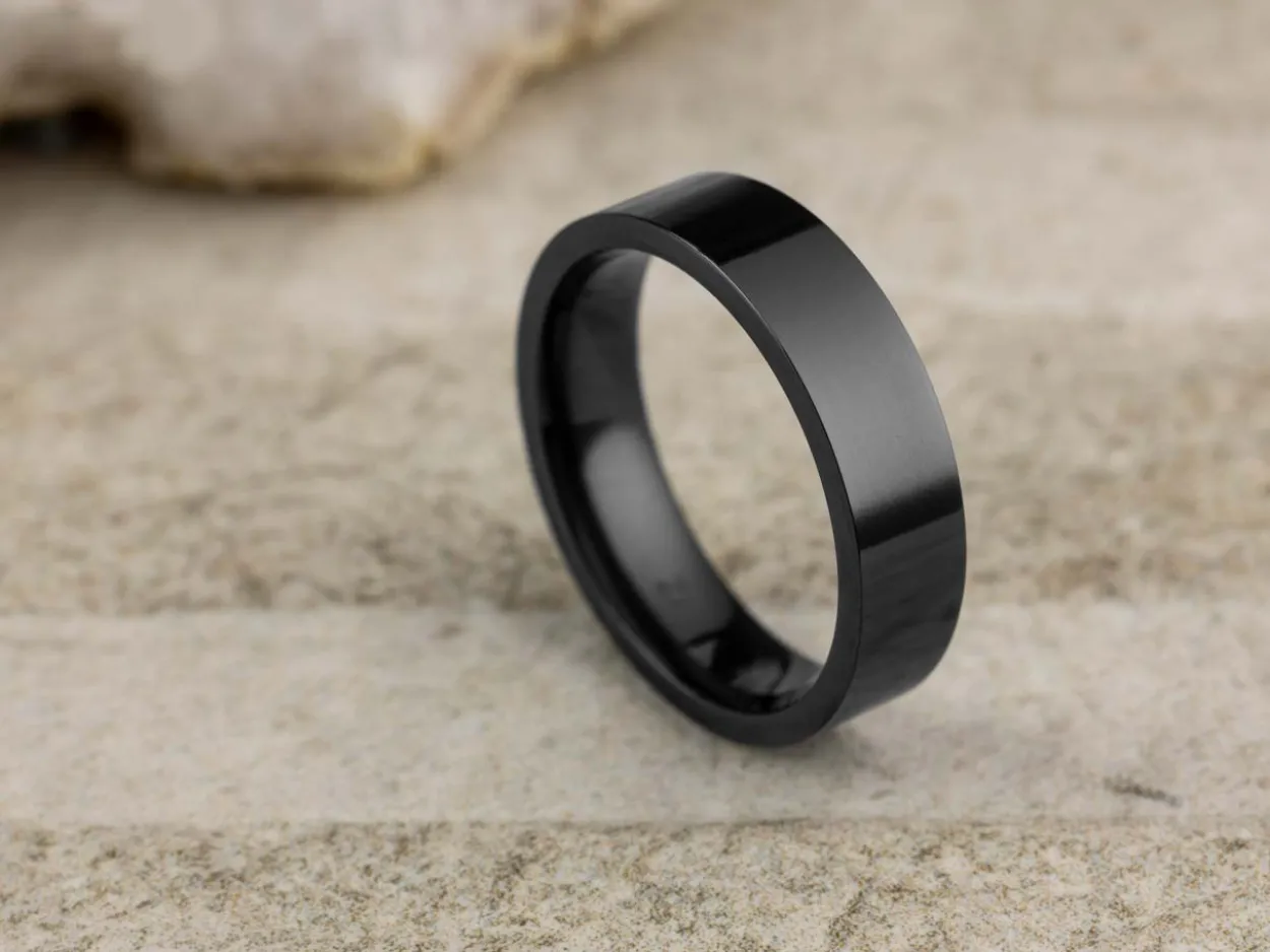 Black Zirconium Flat Court Easy Fit Polished Wedding Ring 5.0mm, Size U, 1.8mm Wall