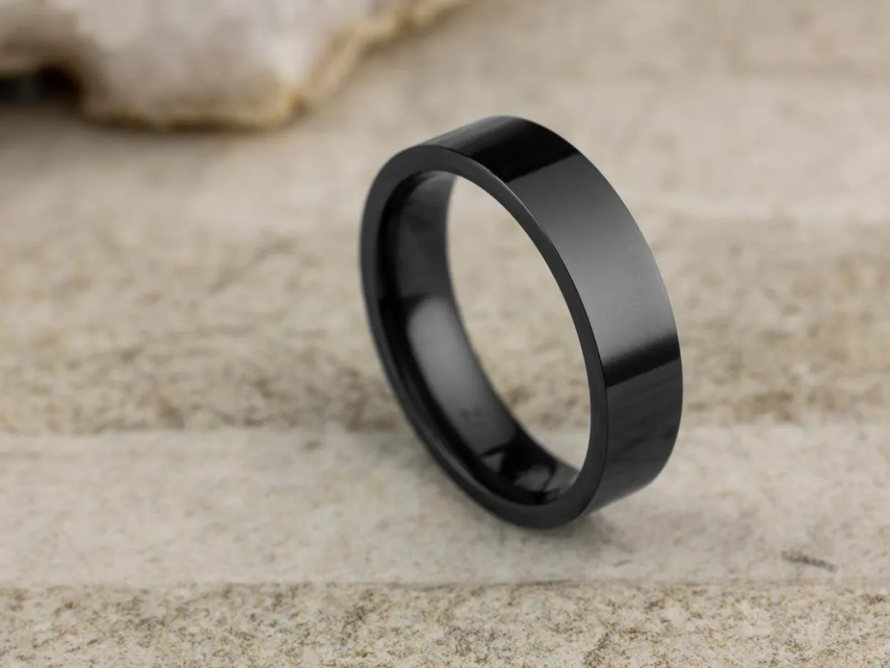 Black Zirconium Flat Court Easy Fit Polished Wedding Ring 5.0mm, Size Q, 1.8mm Wall