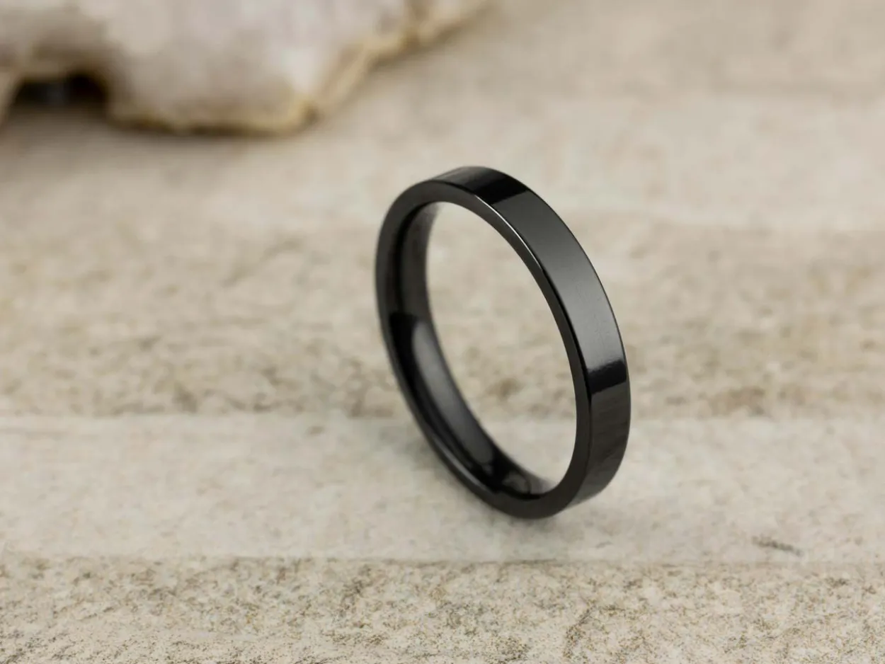 Black Zirconium Flat Court Easy Fit Polished Wedding Ring 3.0mm, Size M, 1.6mm Wall