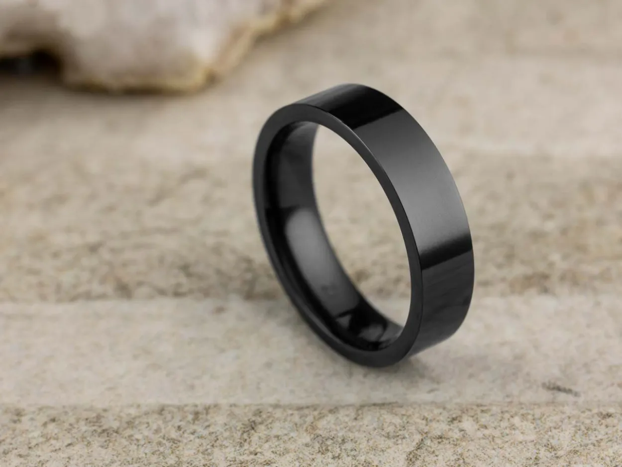 Black Zirconium Flat Court Easy Fit Polished Wedding Ring 5.0mm, Size J, 1.8mm Wall
