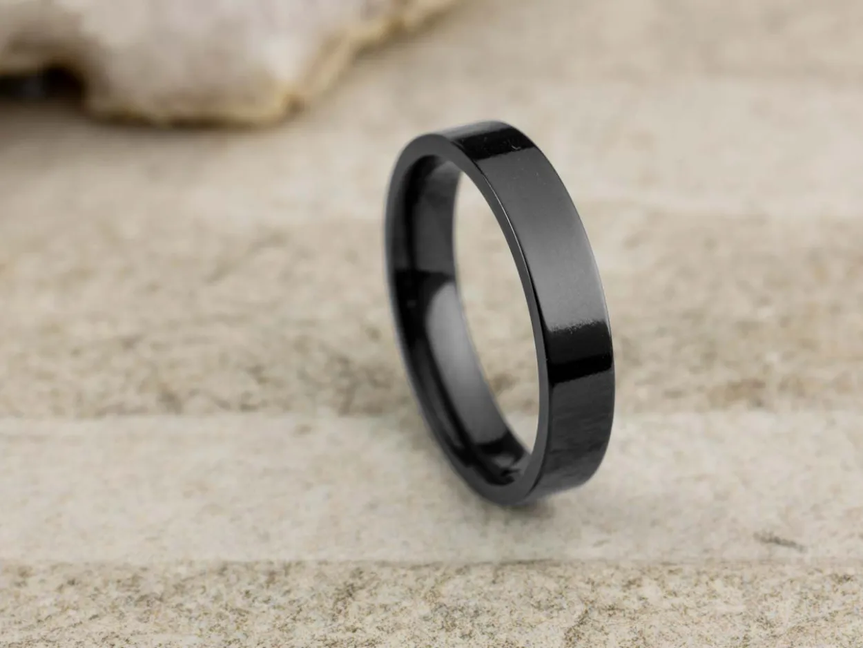 Black Zirconium Flat Court Easy Fit Polished Wedding Ring 4.0mm, Size J, 1.6mm Wall