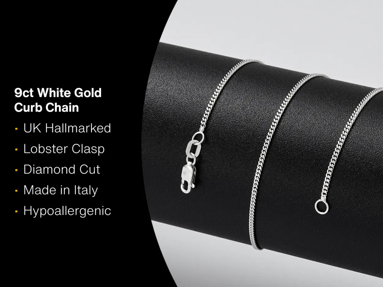 9ct White Gold 1.4mm Diamond Cut Curb Chain 18"/45cm Hallmarked