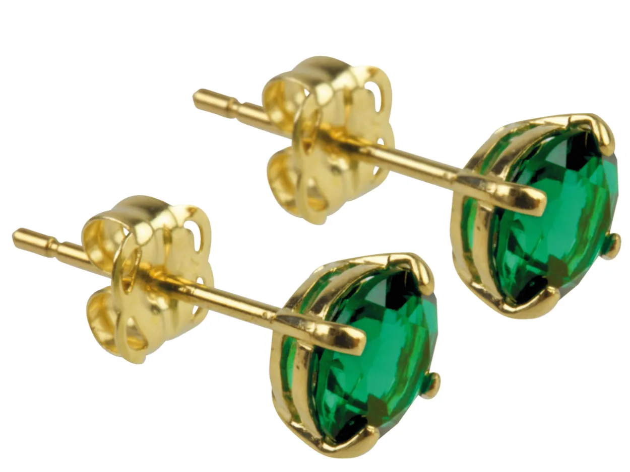 9ct Yellow Gold Birthstone Earrings 5mm Round Created Emerald - May