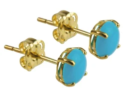 9ct Yellow Gold Birthstone Earrings 5mm Round Stabilised Turquoise Cabochon - December