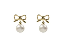 9ct Yellow Gold Bow And Freshwater Pearl Drop Earrings