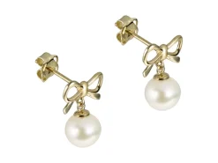 9ct Yellow Gold Bow And Freshwater Pearl Drop Earrings