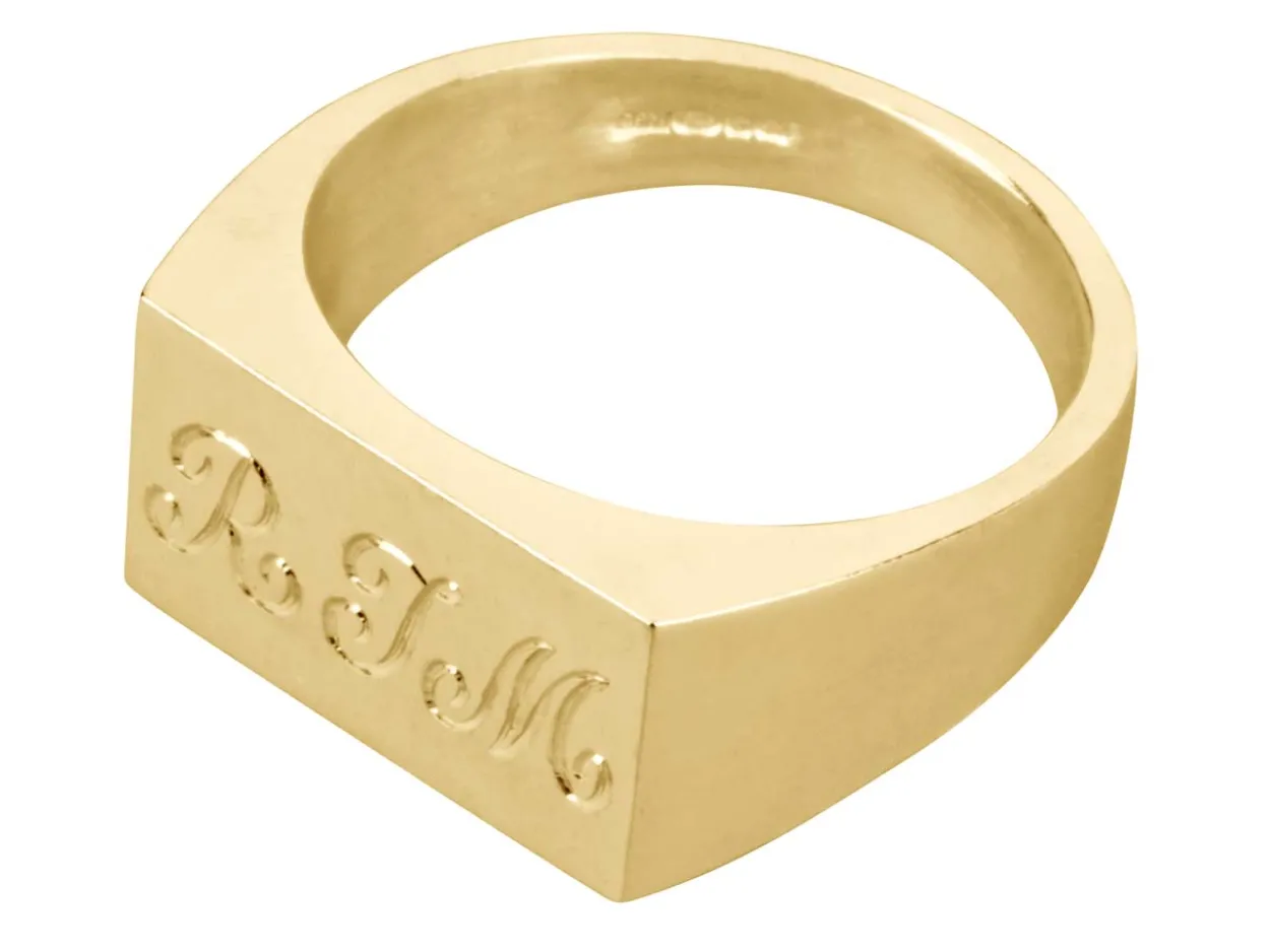 9ct Yellow Gold Initial Ring Rectangular 14x7mm Hallmarked Head Depth 1.5mm Size M, 100% Recycled Gold