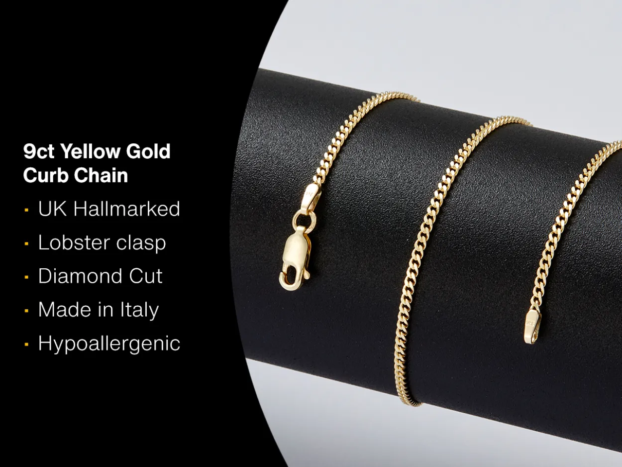 9ct Yellow Gold 1.8mm Diamond Cut Curb Chain 22"/55cm Hallmarked
