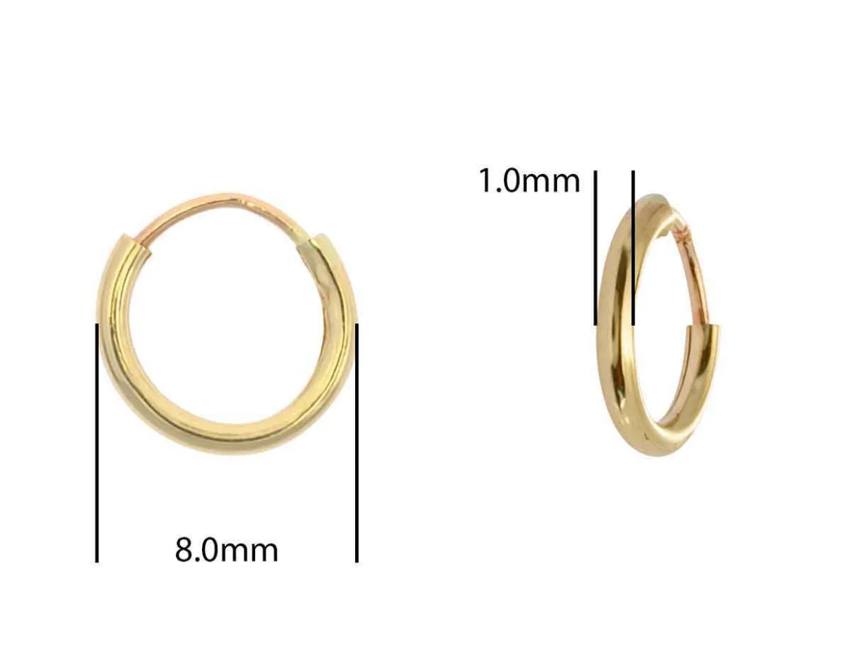 9ct Yellow Gold 8.0mm Endless Sleeper Hoops, Pack Of 2